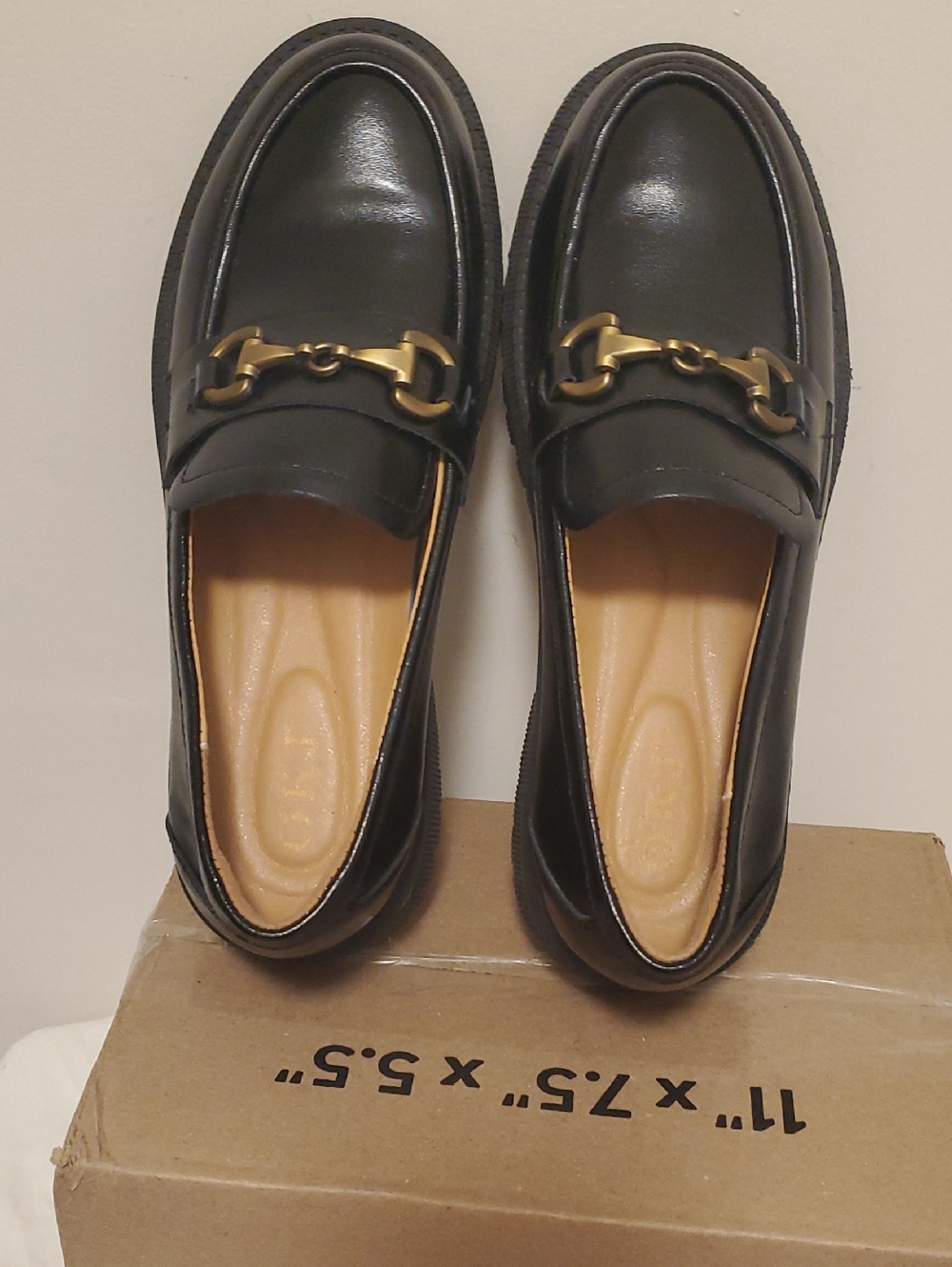 Men's Black Leather Slip-On Loafers with Gold Bit Accent, Size 10.